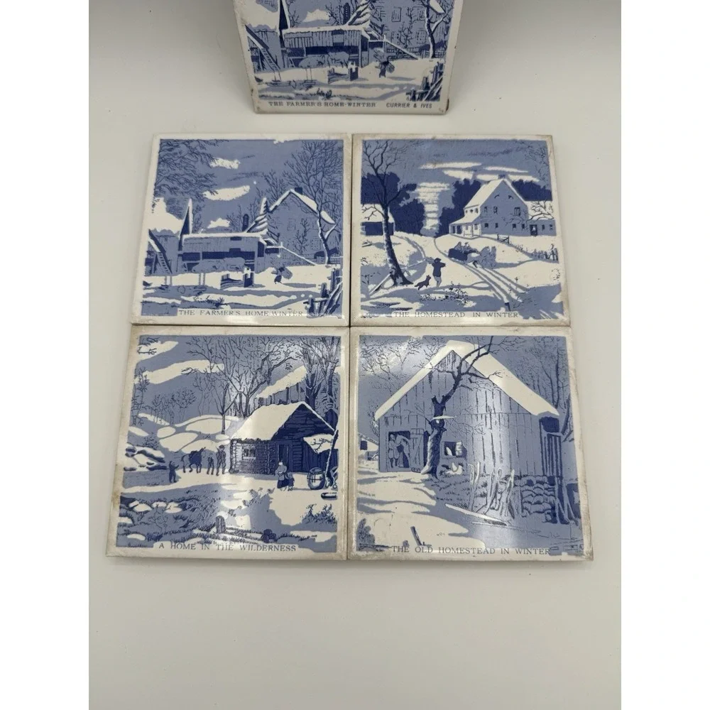 Lot Of 5 Currier & Ives Cast Iron & Ceramic Tile Trivets Vintage Early Americana